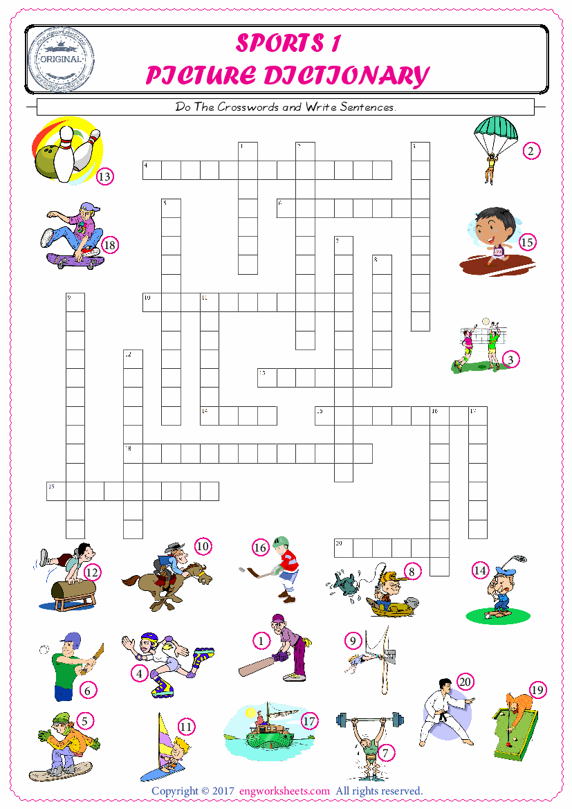  ESL printable worksheet for kids, supply the missing words of the crossword by using the Sports picture. 